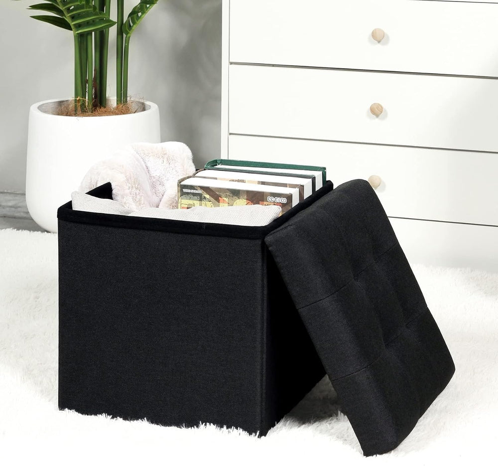 B FSOBEIIALEO 12.6" Folding Storage Ottoman Foot Rest, Linen Black, 2 Pack