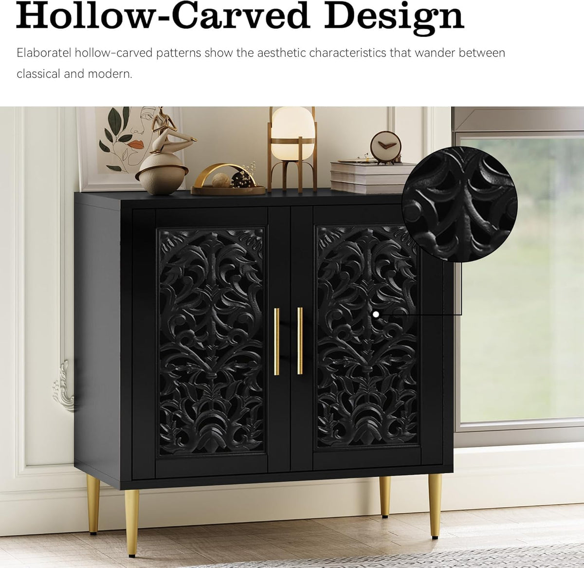 ARTPOWER Vintage Hollow Carving Accent Cabinet with 2 Doors for Living Room