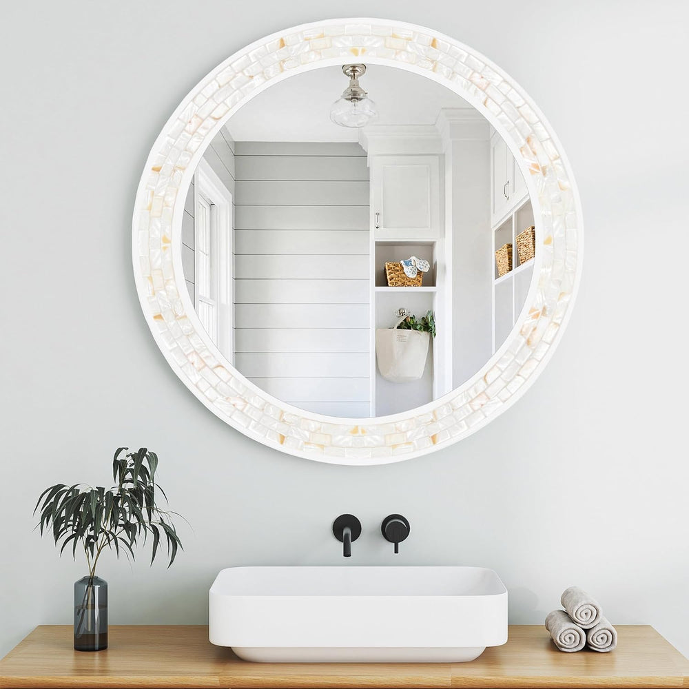 26 Inch Round Wall Mirror with Natural Shell Inlay Mosaic Frame