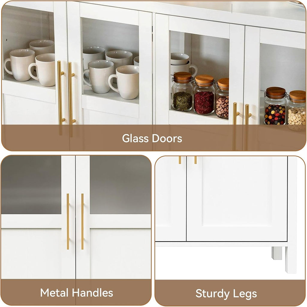 55" Sideboard Cabinet with Glass Doors, Large Buffet Cabinet with Storage and Shelves, Modern Accent Console Table for Dining Room Living Room Entryway (White a)