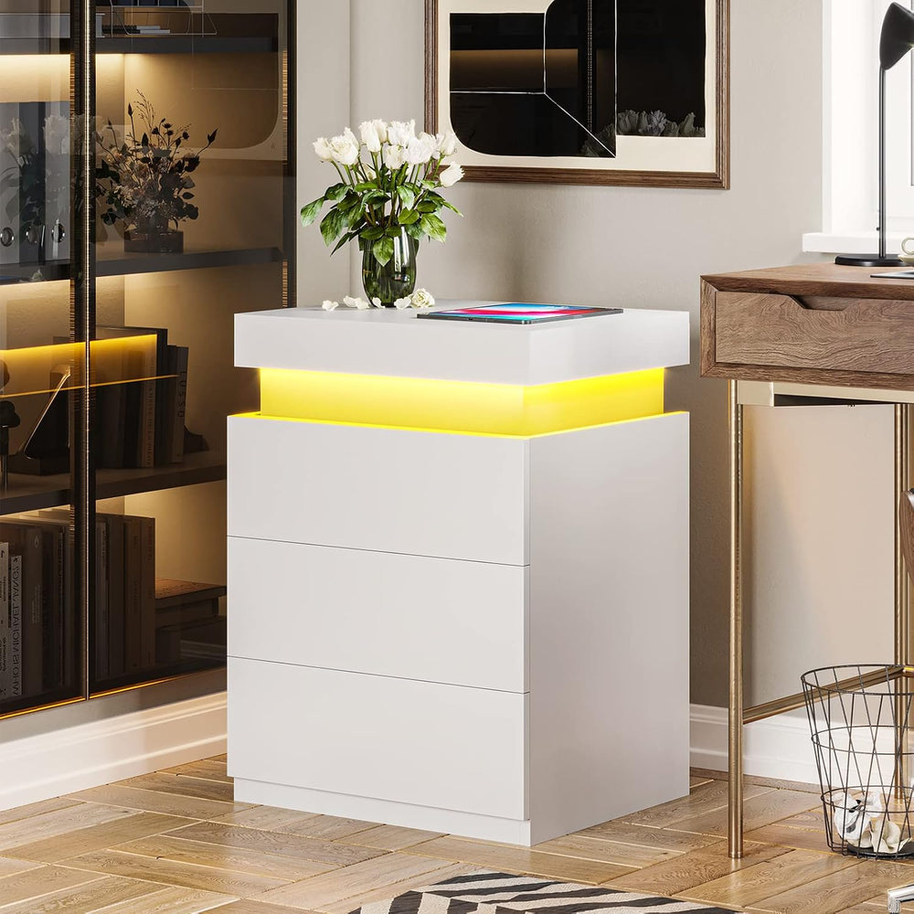 ADORNEVE White Nightstand with Charging Station and LED Lights