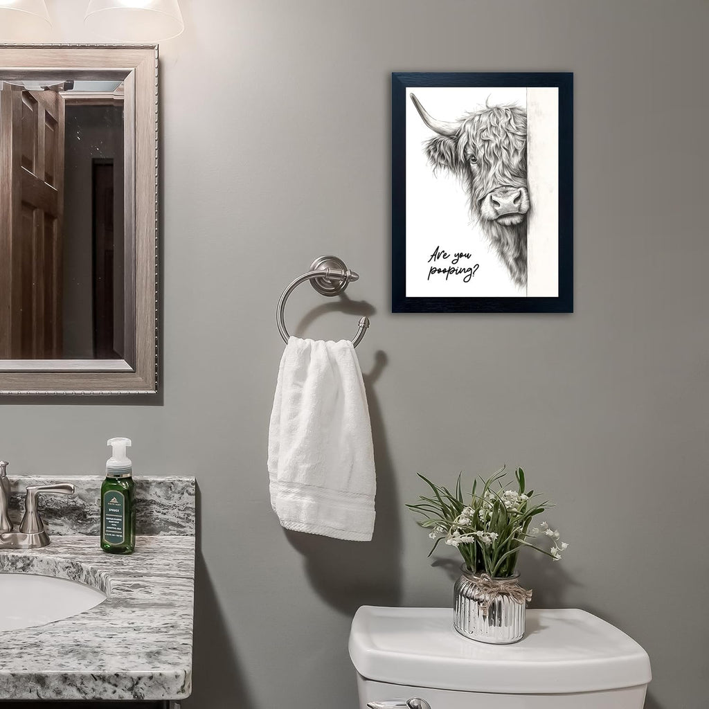 Funny Highland Cow Bathroom Wall Art - Rustic Farmhouse Wall Decor with Humorous Are You Pooping Canvas Print, Cute Animal Canvas Art for Restroom - Black Framed Cow Pictures Wall Decor Ready to Hang 16"x20"