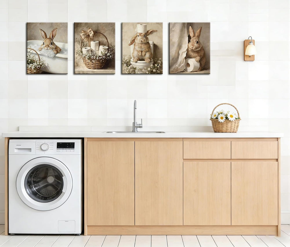 Frimeeme Framed Cute Bunny Bathroom Canvas Wall Art