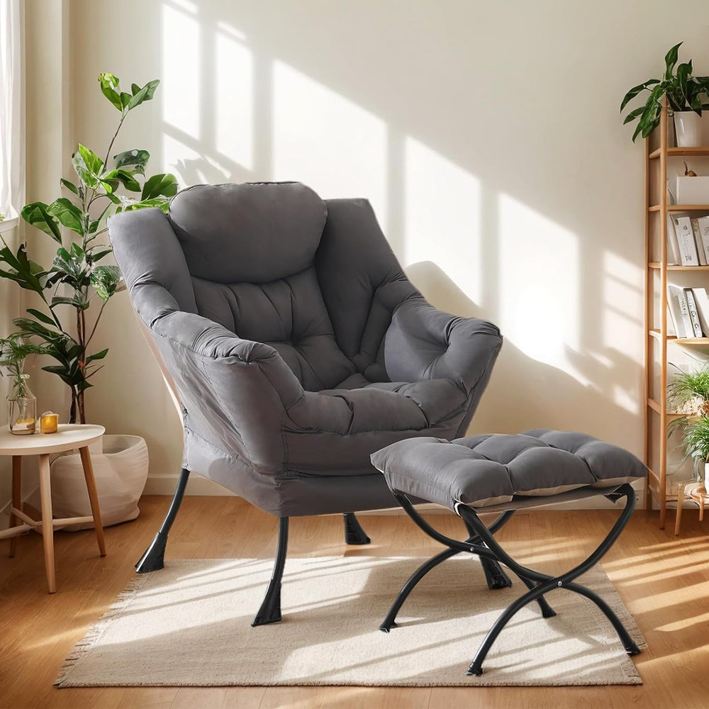 Lazy Chair with Ottoman, Soft Comfy Chair for Bedroom, Grey
