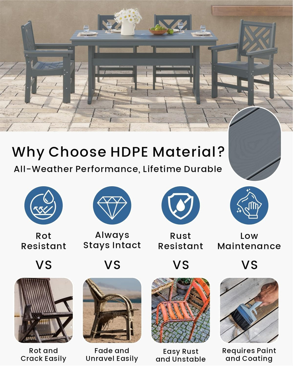 5-Piece Outdoor Dining Set, HDPE All-Weather Patio Table and Chairs Set for 4...