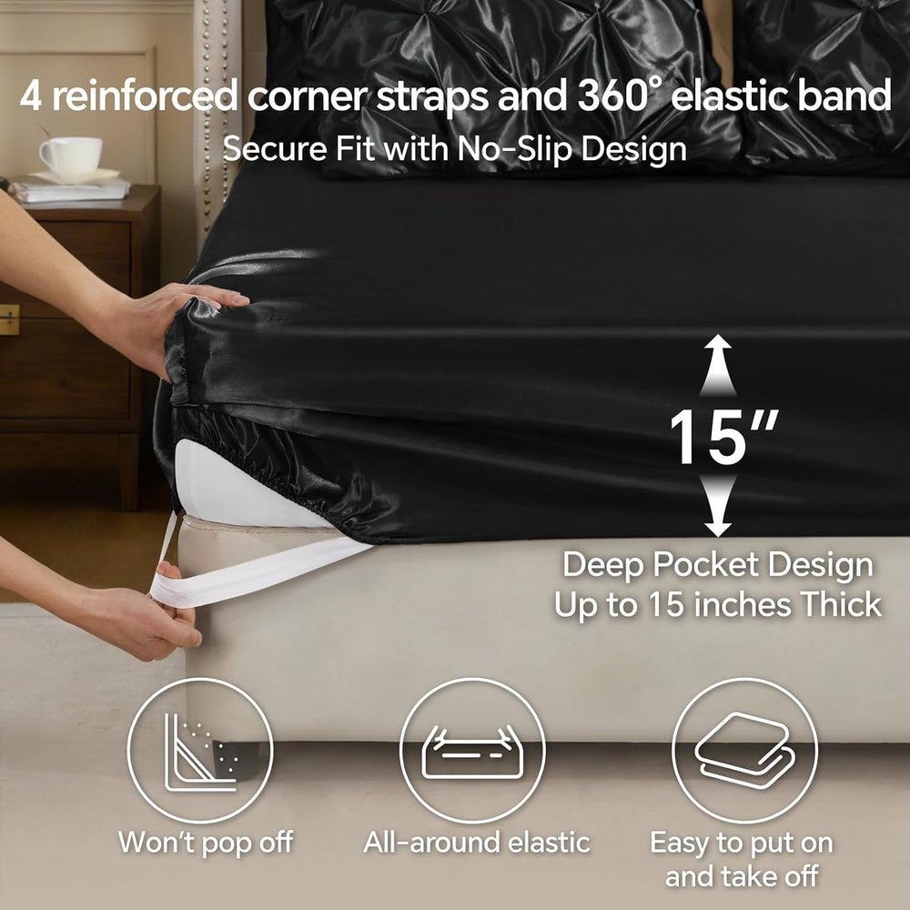 BEDELITE Satin Comforter Set Queen, 7 Pieces Pintuck Bed in A Bag, Black