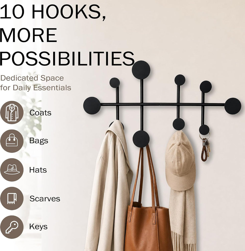 Wall Mounted Coat Rack, Minimalist Metal Coat Hooks for Entryway, Black