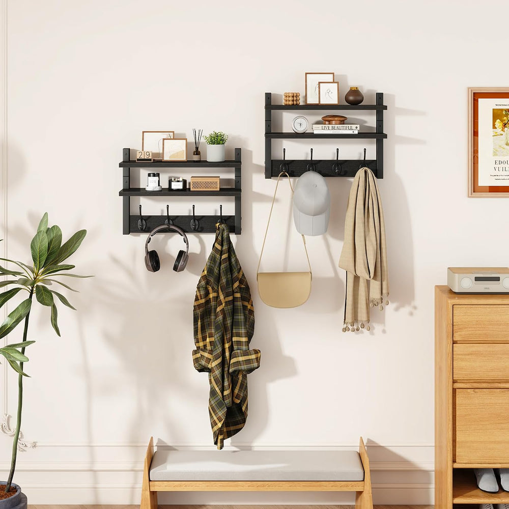 YMYNY Double Shelf Coat Rack Wall Mount with 8 Hooks, Black HWS009B-2