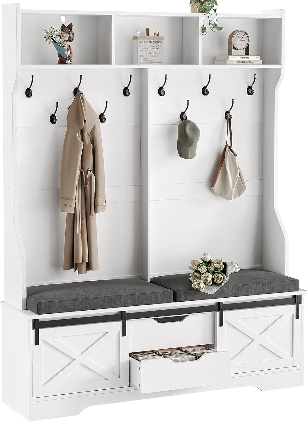UPOSOJA Hall Tree with Bench and Shoe Storage, Entryway Bench with Coat Rack,...