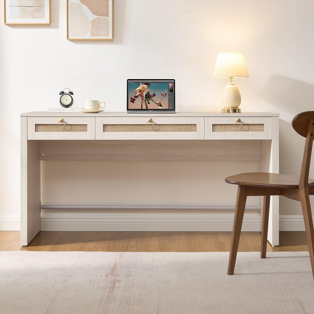 SICOTAS 60" Rattan Home Office Desk with 3 Drawers, White