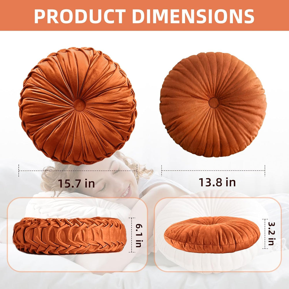 Teieas 2 Pcs Round Throw Pillows Pleated Velvet Pumpkin Round Pillows
