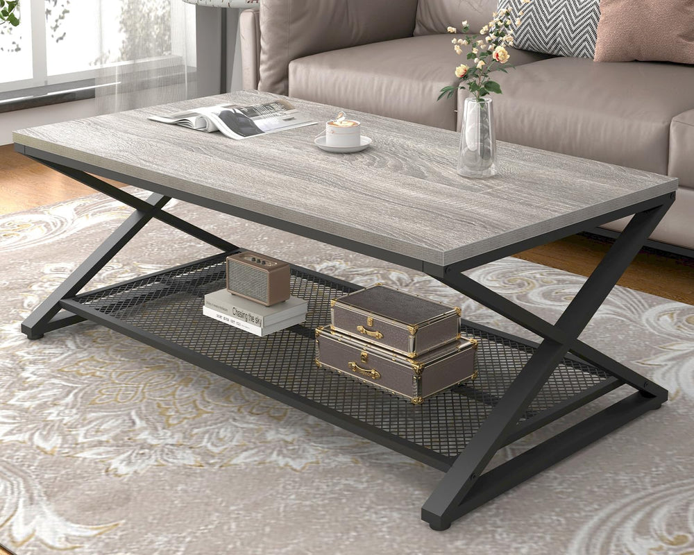 LVB Industrial Coffee Table, Metal Center Table, 47 inch, Light Grey Oak