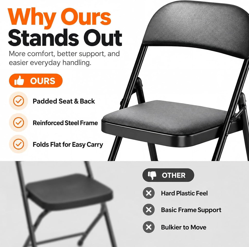 Fenbeli Padded Folding Chair, Black PU Leather, 1 Pack for Guest Seating