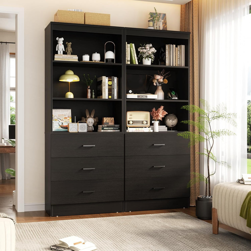 aheaplus 71-inch tall bookshelf with 3 drawers, 23.6" shown in use