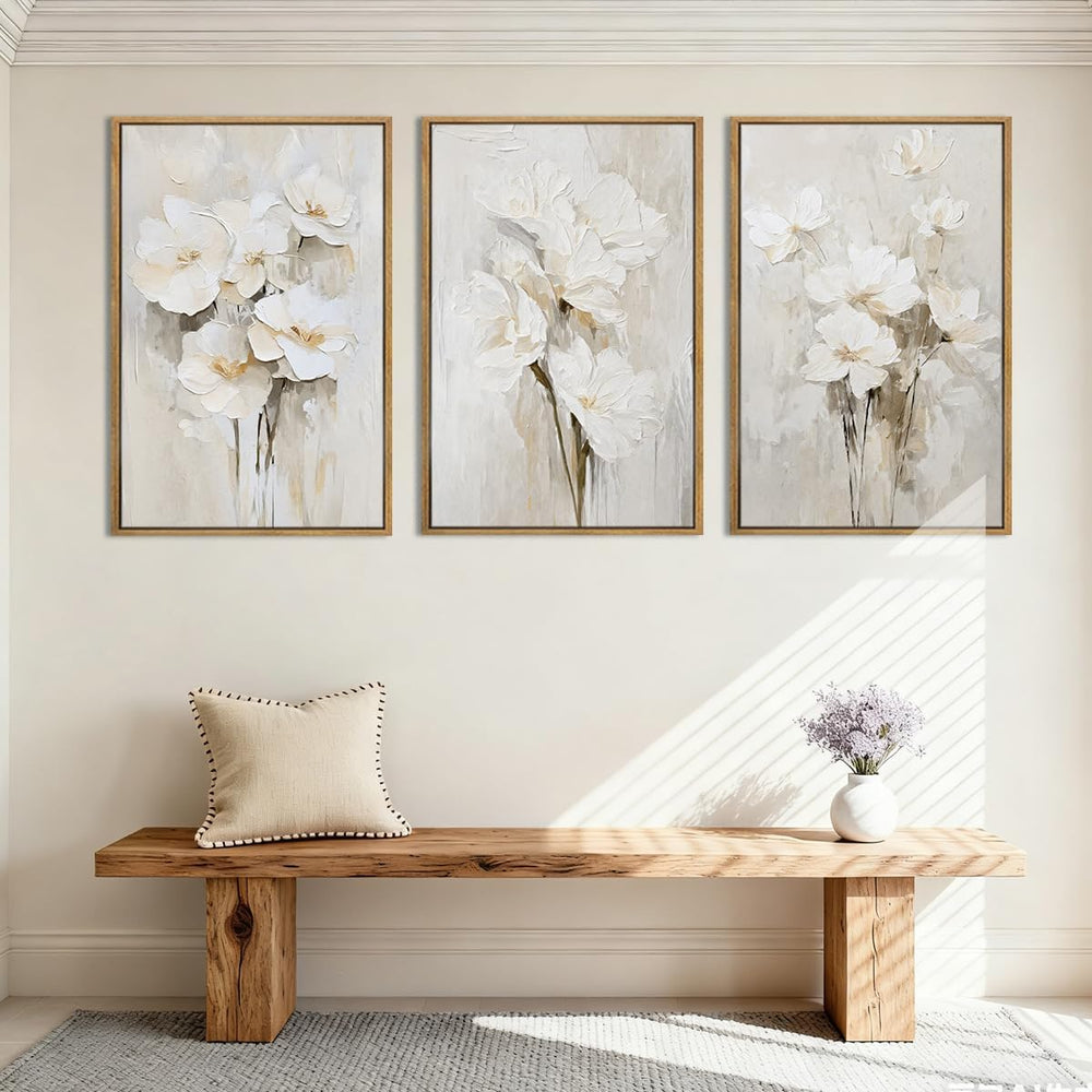 Anyzal Framed Neutral Beige Floral Wall Art Large 16x24 Inch White Cream Flow...