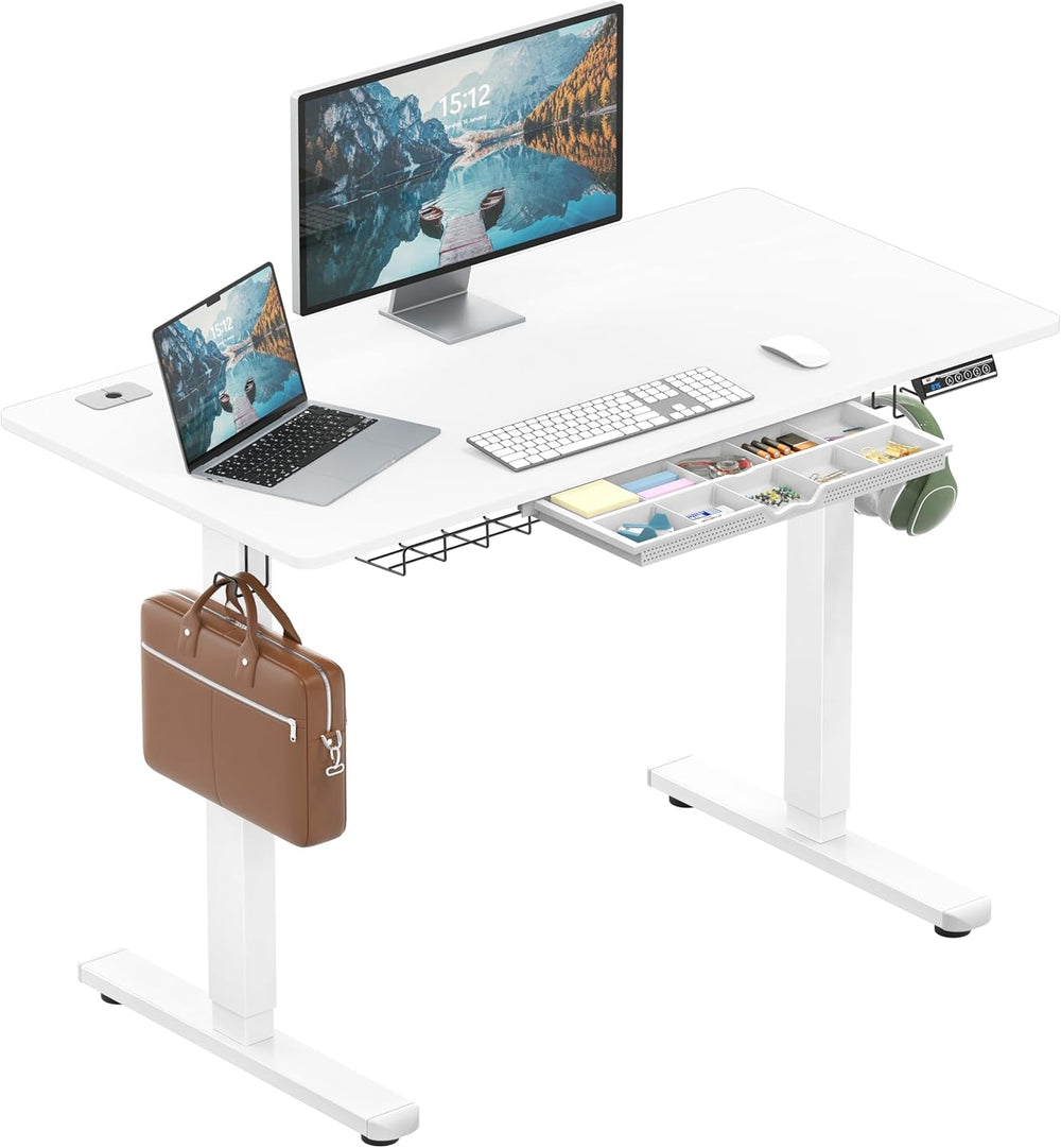 SHW 48-Inch Electric Height Adjustable Standing Desk w/ Drawer, White