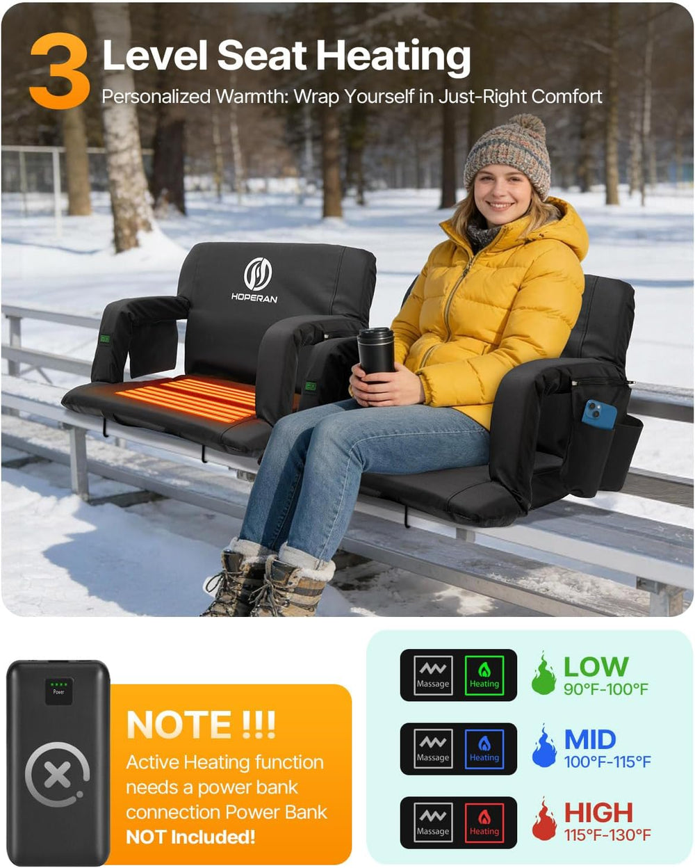 HOPERAN Massage Heated Stadium Seats for Bleachers, Dual Control, Portable