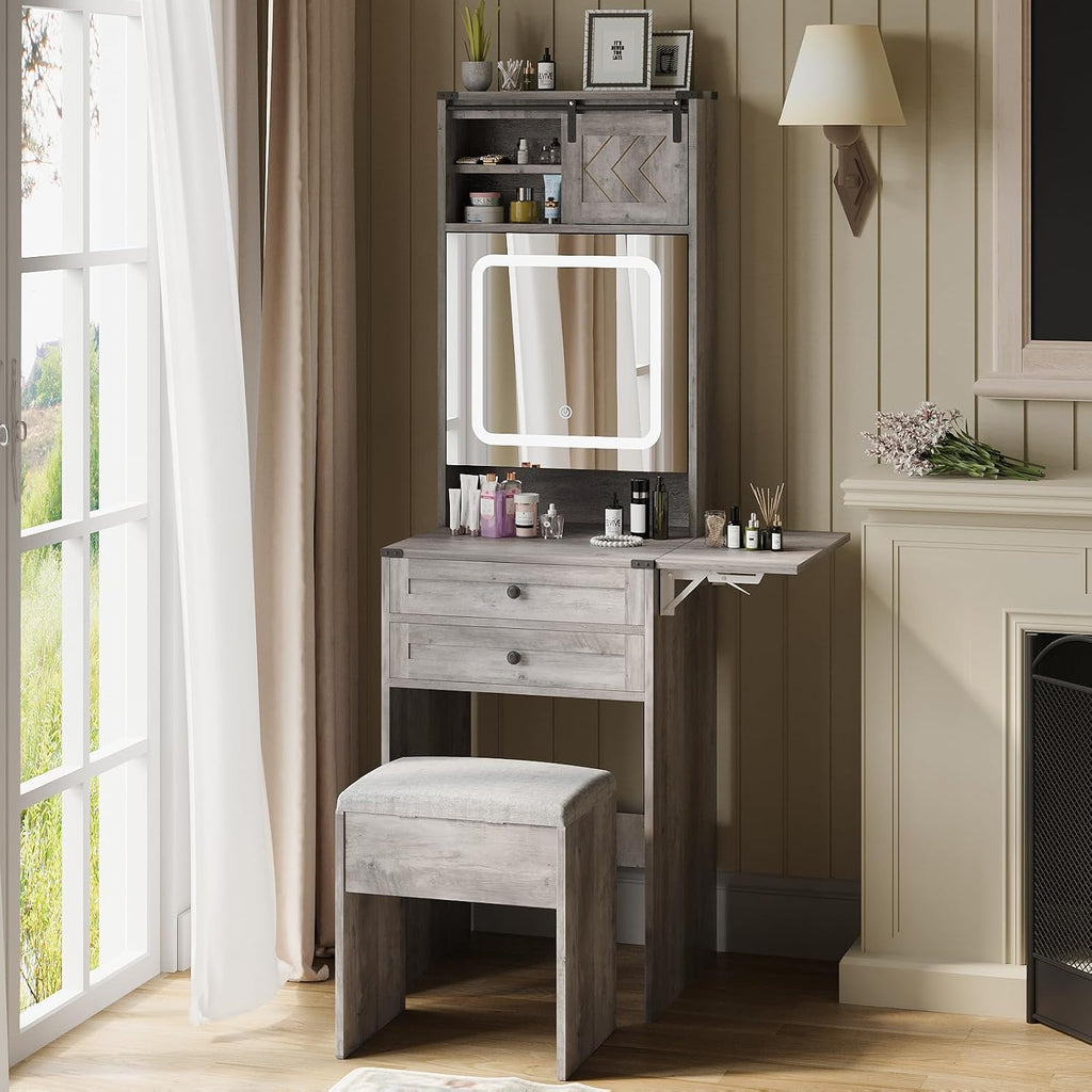 ARTETHYS Farmhouse Small Vanity Desk with Mirror Cabinet & Storage Chair