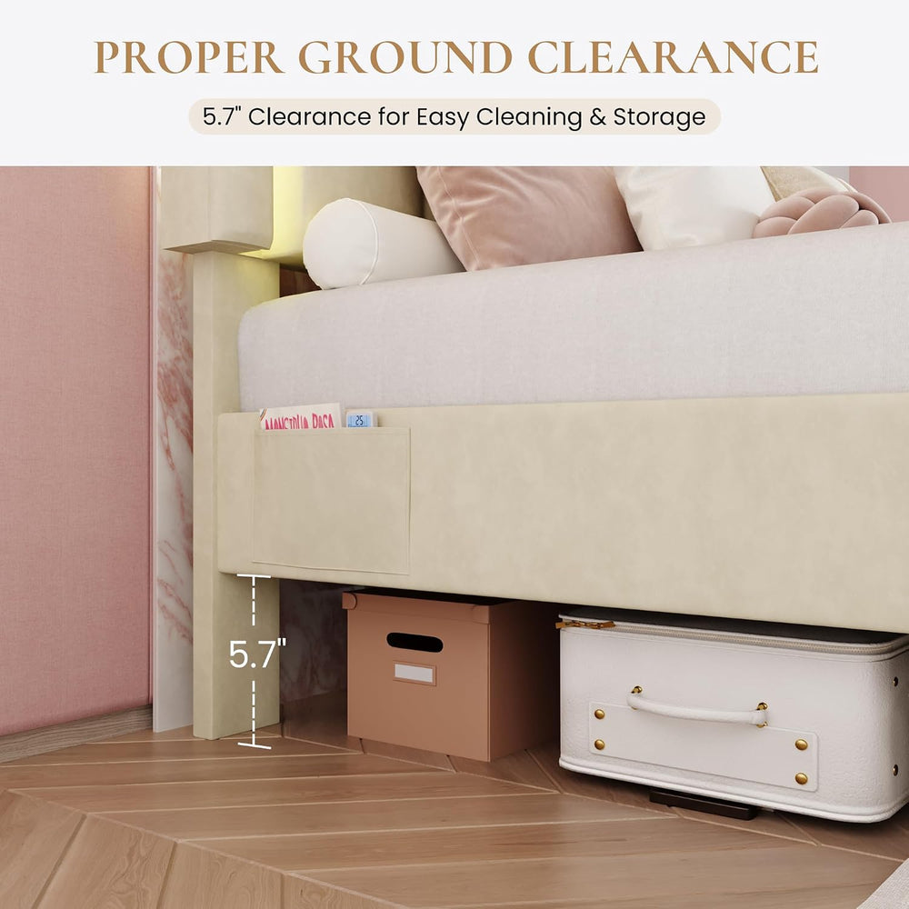 SHA CERLIN Full Size Bed Frame with LED Lights and Storage Drawer, Cream