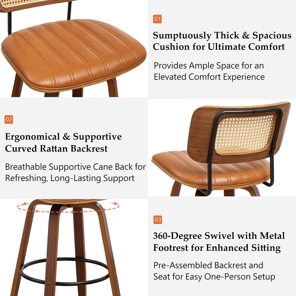 Bar Height Bar Stools, Rattan Swivel Bar Stools with Walnut Craftsmanship