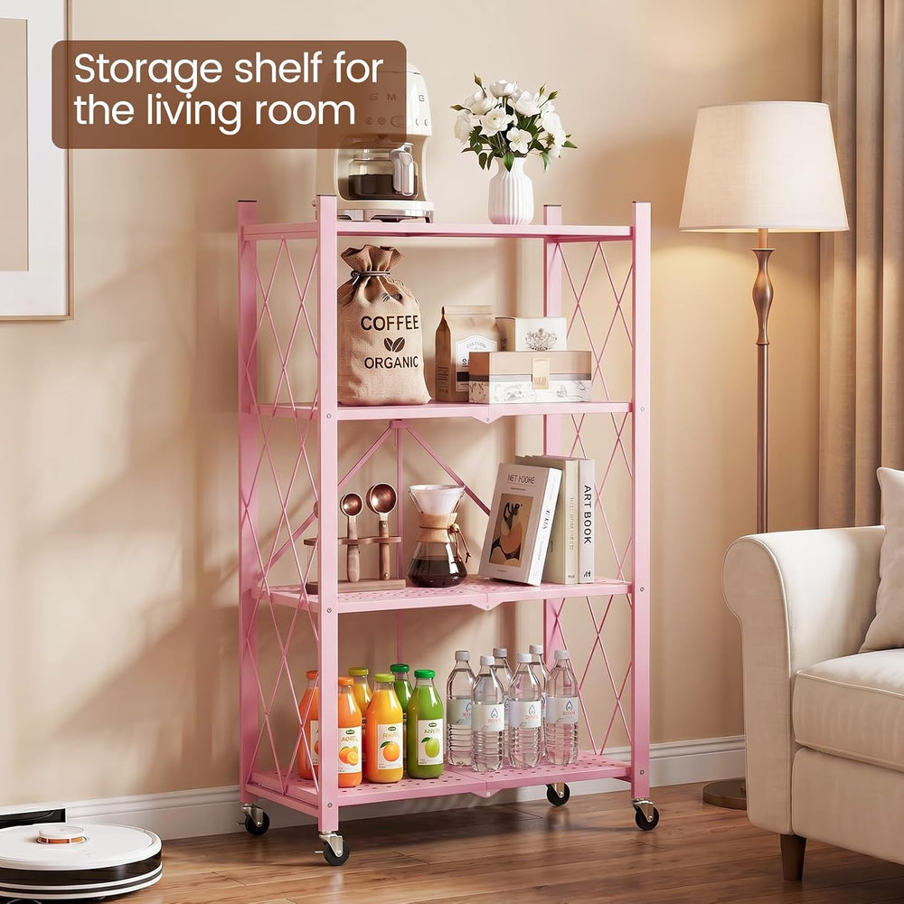 ALANNG 4 Tier Folding Shelf with Wheels, No Assembly Metal Storage Rack