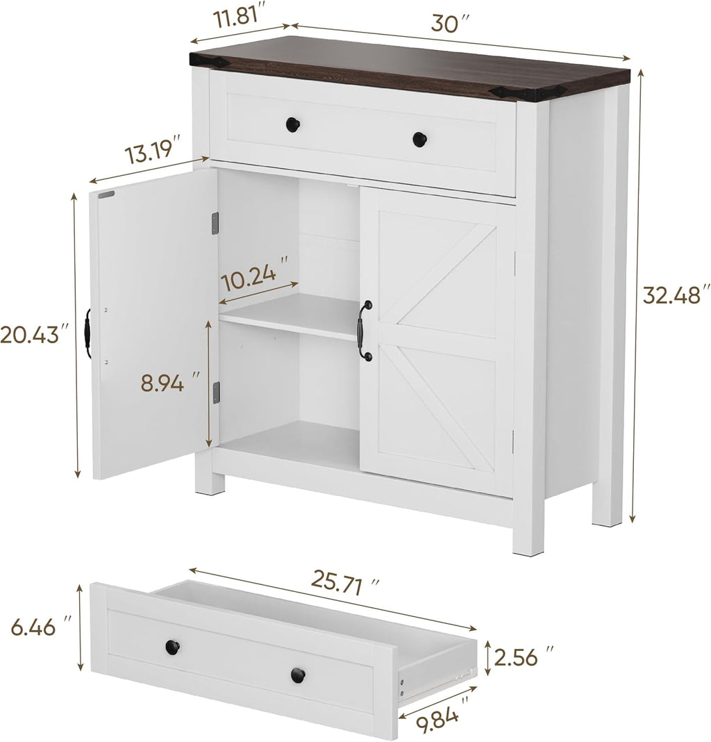Semiocthome Farmhouse Sideboard Buffet Cabinet with Storage and Adjustable Shelf, Accent Table with Barn Door, Storage Cabinet for Kitchen, Dining Room, Bathroom, Entryway - White