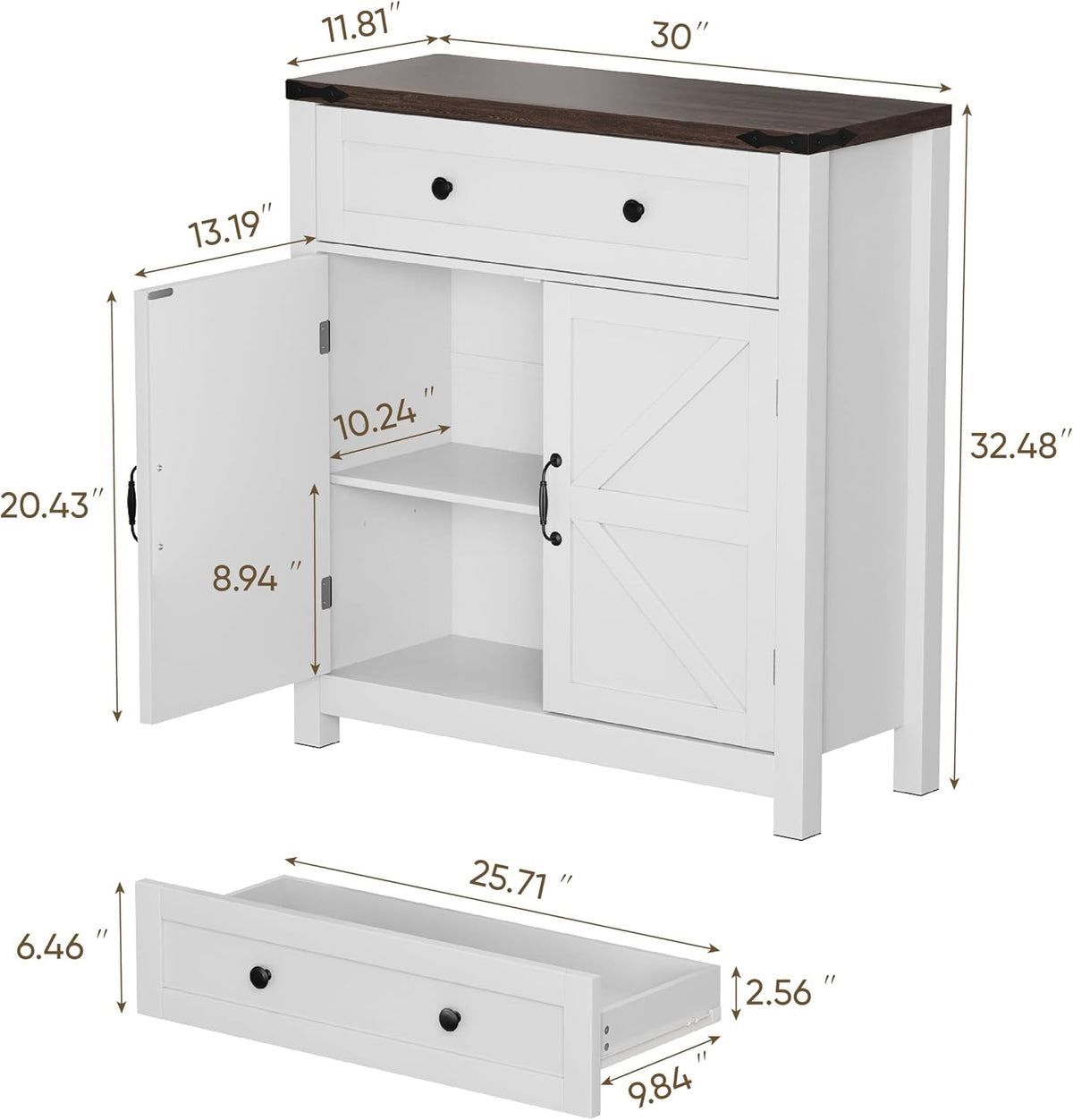 Semiocthome Farmhouse Sideboard Buffet Cabinet with Storage and Adjustable Shelf, Accent Table with Barn Door, Storage Cabinet for Kitchen, Dining Room, Bathroom, Entryway - White
