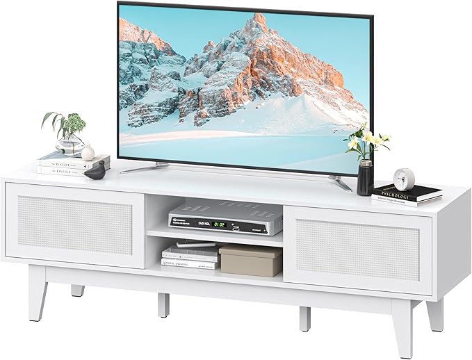 Boho TV Stand for 55 65 Inch TV, Rattan Entertainment Center with Shelves, Cabinets and Sliding Doors, TV Media Console Table with Solid Wood Feet & Cord Holes for Living Room, Bedroom, White