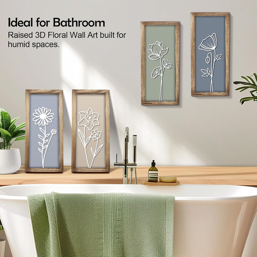 3D Wooden Floral Wall Art, 4 Pcs 7 x 16 Inch Flower Wood Carving Framed Bathr...