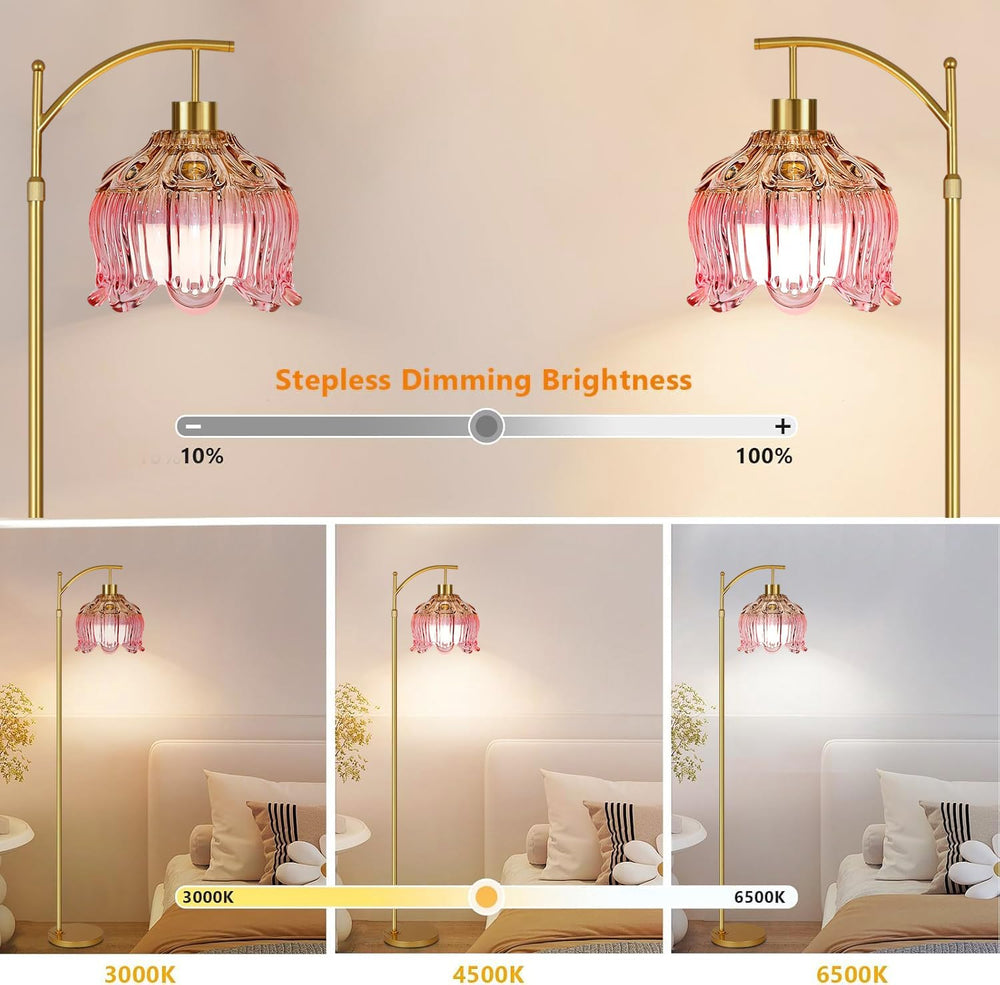 QIYIZM Pink Floor Lamp for Living Room,Bedroom,Glass Gold Dimmable Standing L...