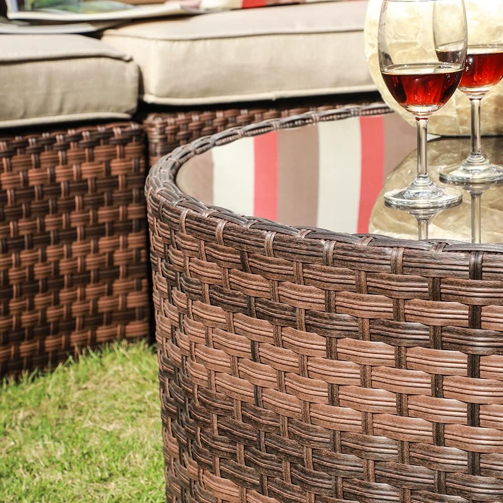 SUNSITT 28" Round Wicker Outdoor Coffee Table with Tempered Glass Top Brown
