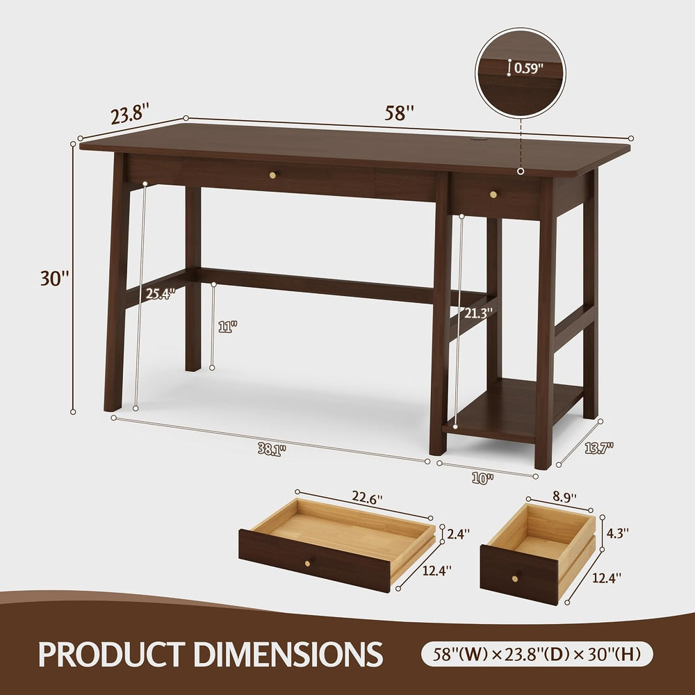 NELYE Solid Wood Writing Desk with Drawer, 58" W x 24" D, Walnut