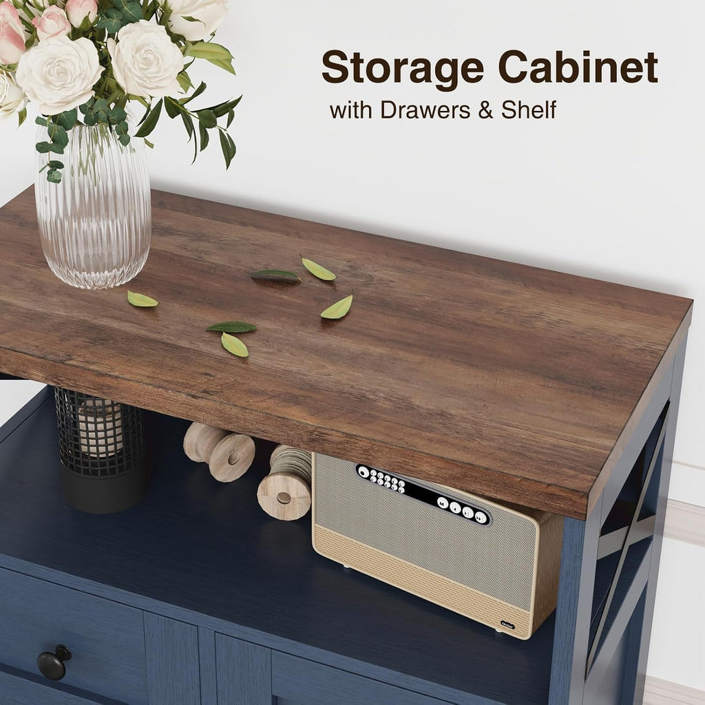 Farmhouse Storage Cabinet with Drawers, Small Kitchen Pantry Cabinet, Blue