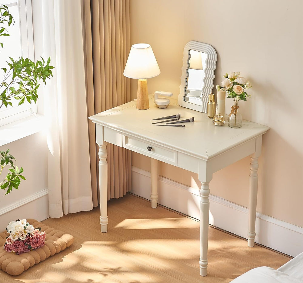 French Country Style Writing Desk with Drawers, White, 35"