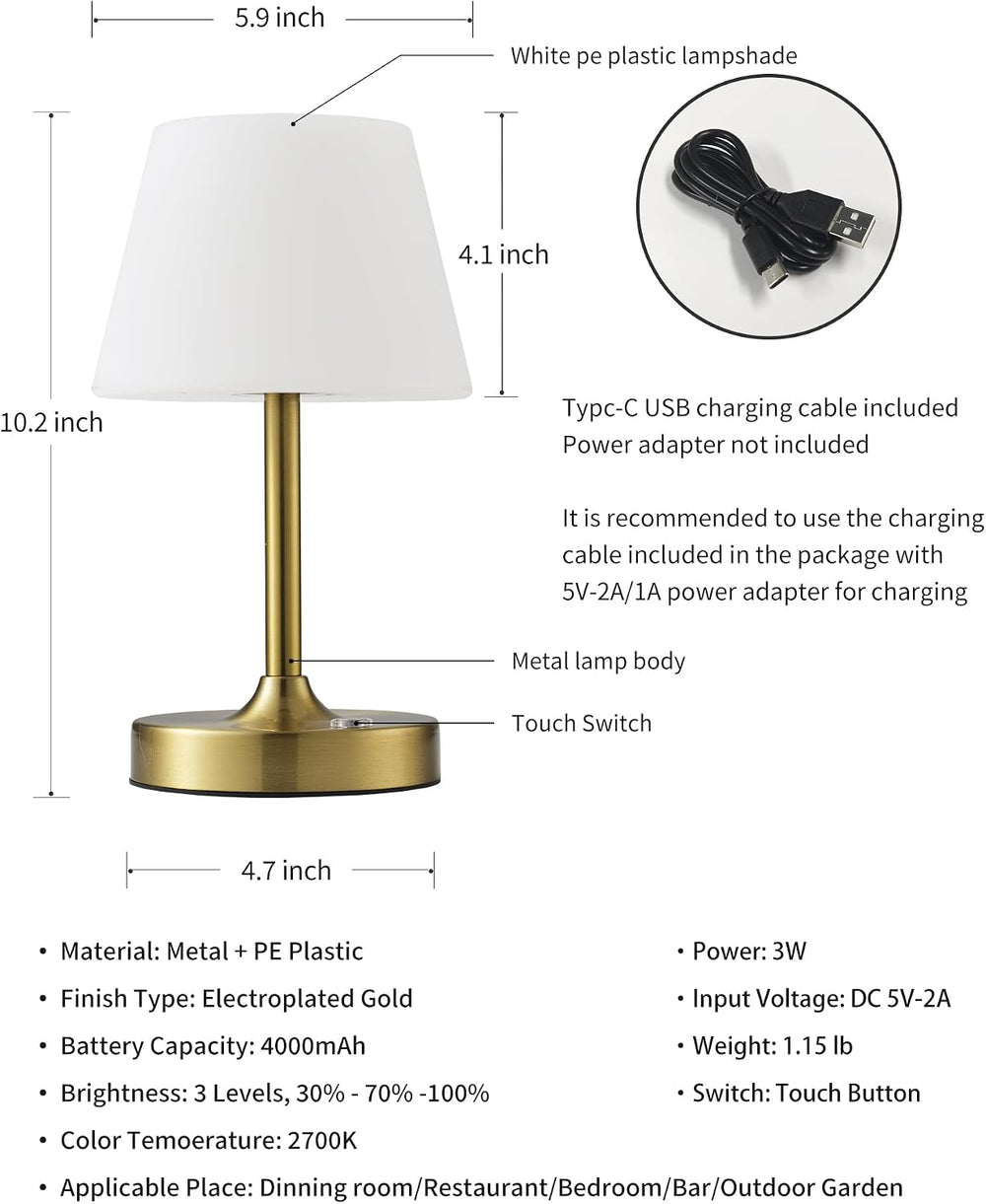 PUSU Cordless LED Gold Small Table Lamp, Waterproof Shower Desk lamp