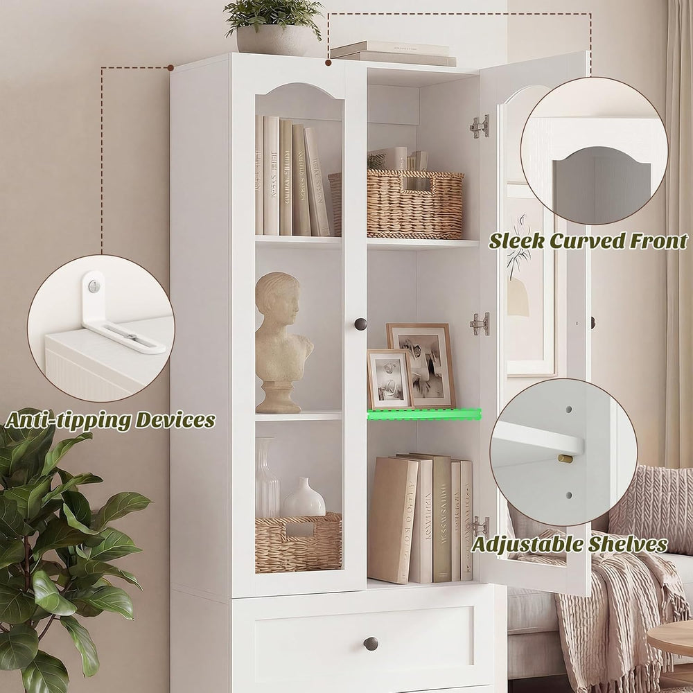 Cyclysio 2 Pack 80" Tall Bookcase with 3 Drawers & Glass Doors, White