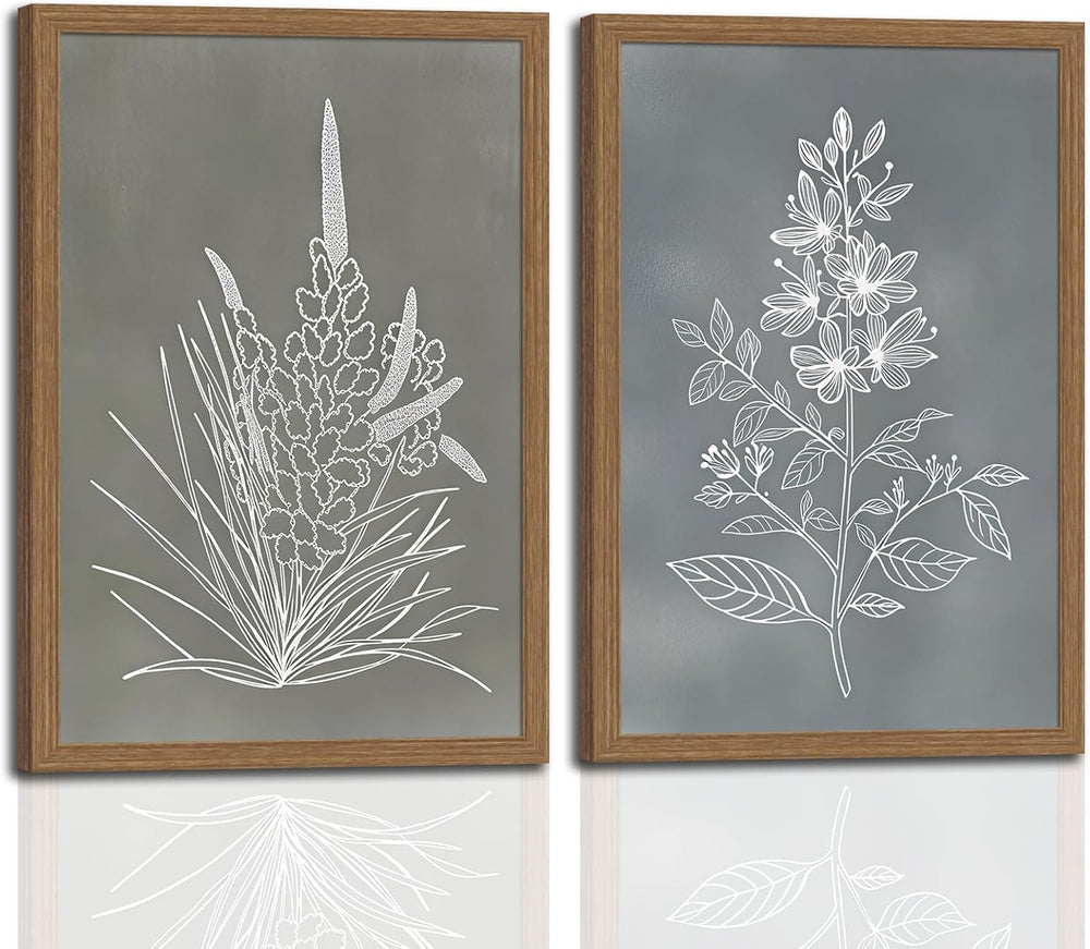 2pcs Framed Boho Botanical Wall Art Vintage Neutral Floral Canvas 12x16in