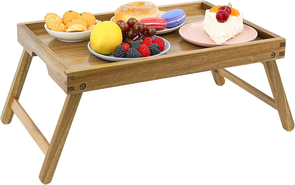 VaeFae Acacia Bed Tray Table with Folding Legs, Large