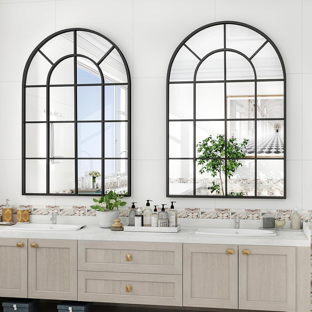 24"×36" Windowpane Arched Wall Mirror with Metal Frame, Black