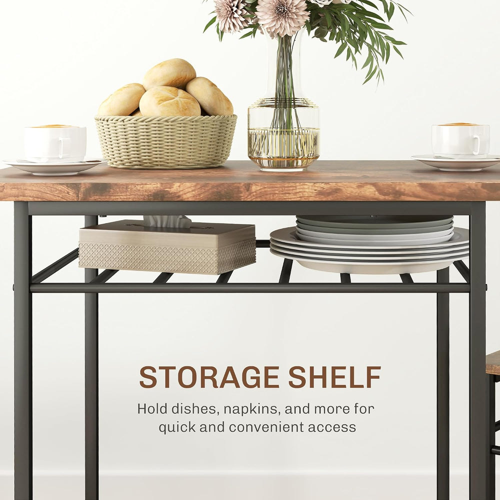 HOMCOM 3-Piece Dining Table Set for 2 Built-in Storage Rack Rustic Brown