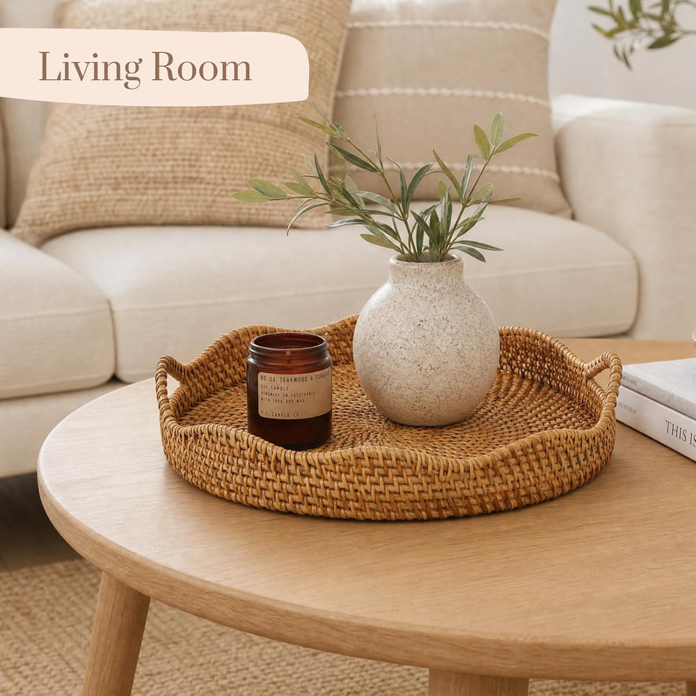 YANGQIHOME Round Scalloped Rattan Tray, Handwoven Decorative Tray