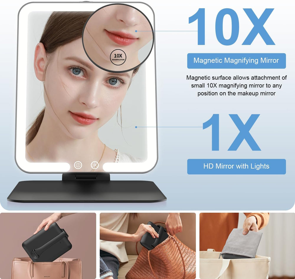 Gospire Travel Makeup Mirror with Lights and Magnification 10X, Black