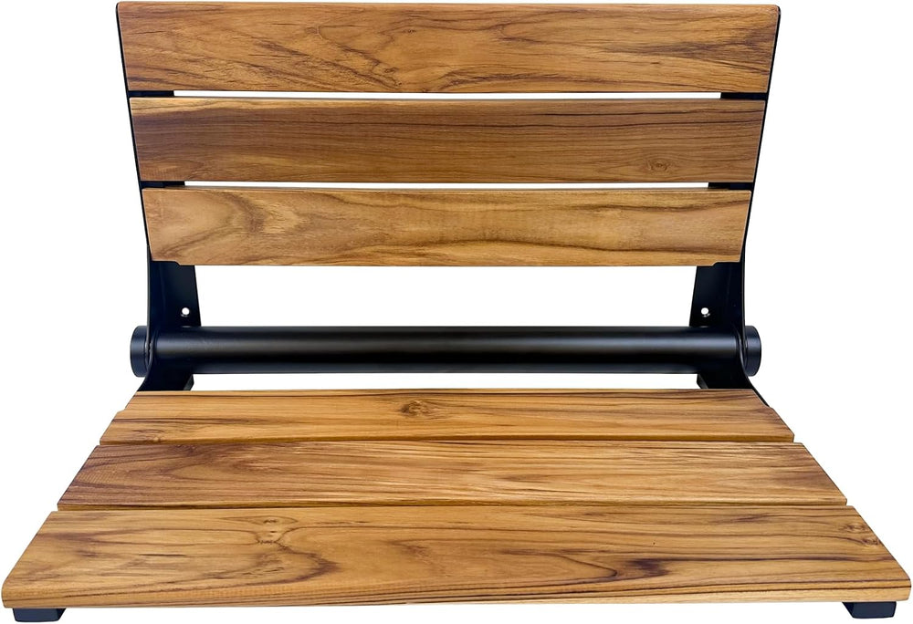 Teak Shower Seat Bench with Back, Matte Black, 300 lb, 24 in