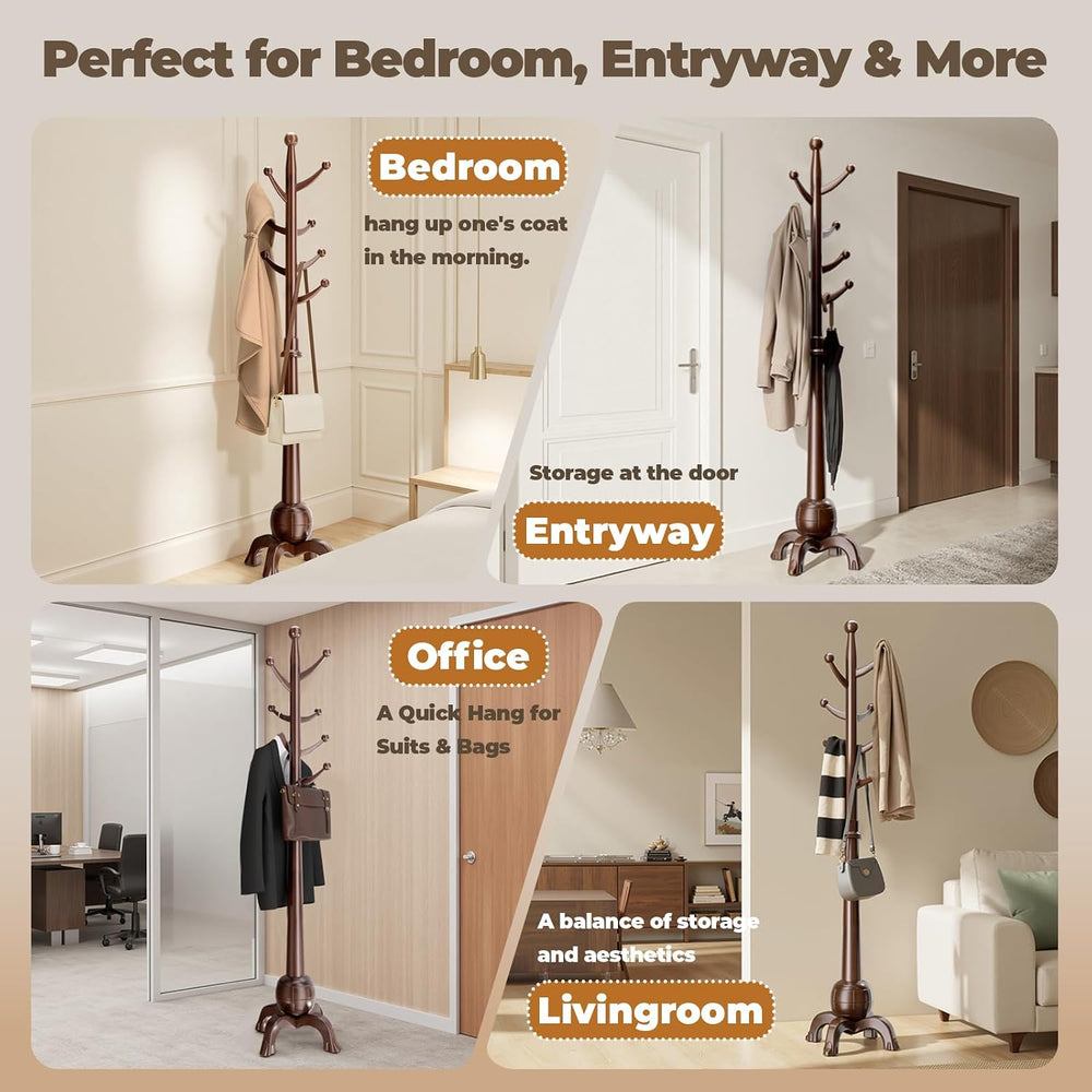 Coat Rack Freestanding with 8 Hooks, Wooden Coat Tree, Walnut