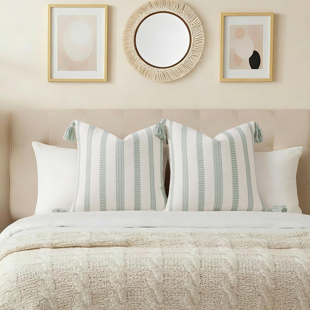 Smile Bee Outdoor Striped Pillow Covers 20x20 Set of 2 Sage Green and White