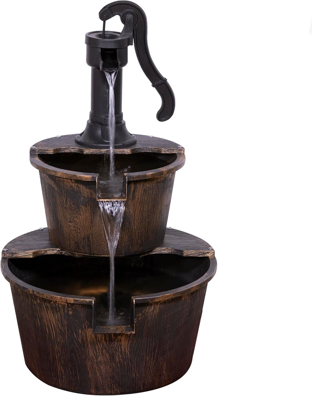 Alpine Corporation 27" Tall Rustic Outdoor 2-Tier Barrel Pump Water Foun...