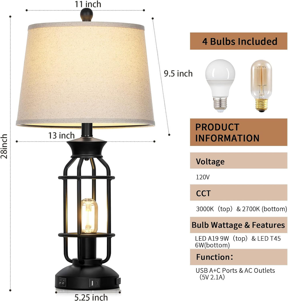 Lolikit 28" Farmhouse Table Lamps for Living Room Set of 2, Bedside Lamps