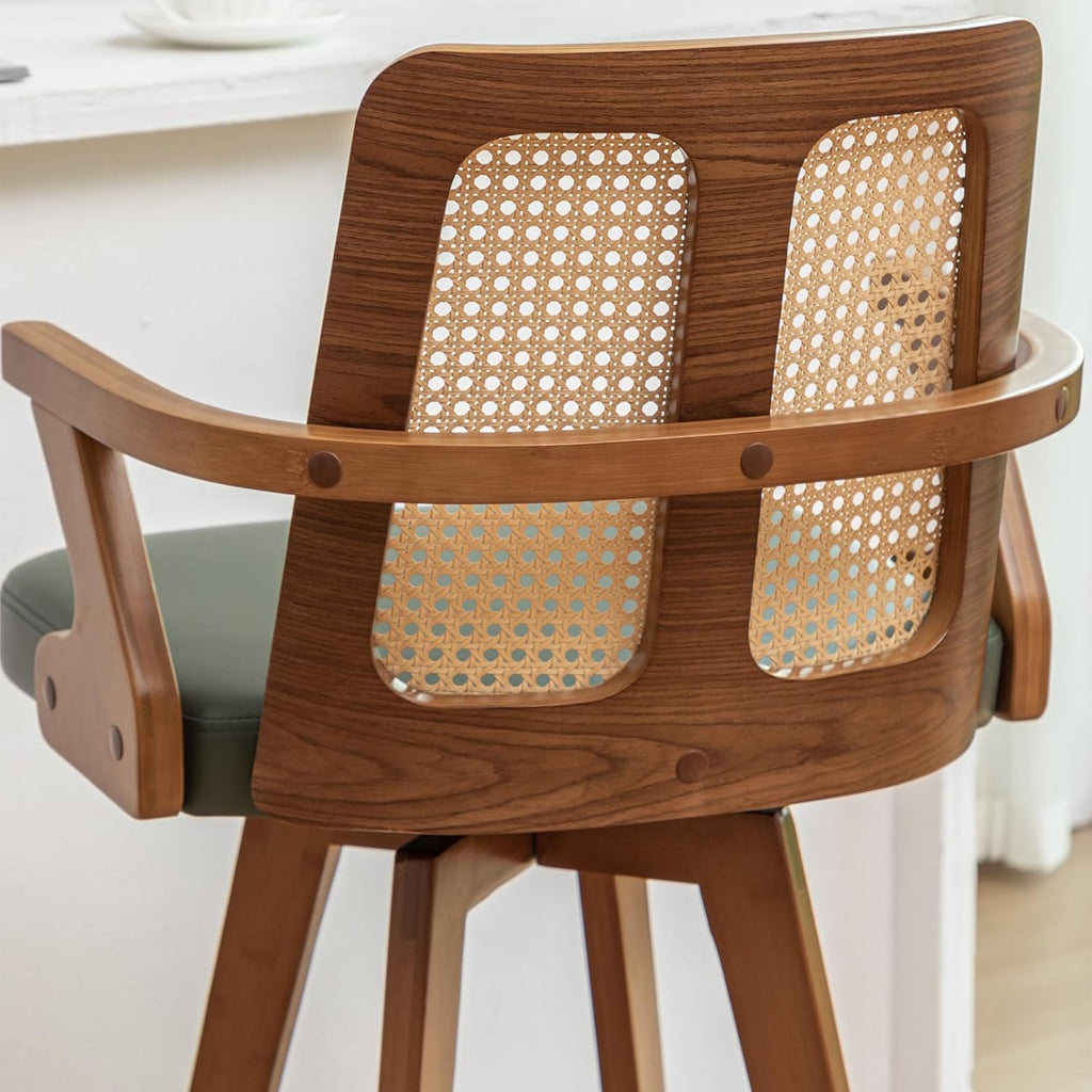 Mid Century Bar Stools, Rattan Swivel Bar Stools with Walnut Finish
