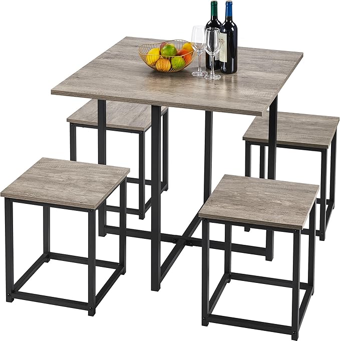 Yaheetech Dining Table Set for 4 Industrial Kitchen Table with 4 Chairs, Space-Saving Design for Apartment, Small Space, Breakfast Nook, Gray