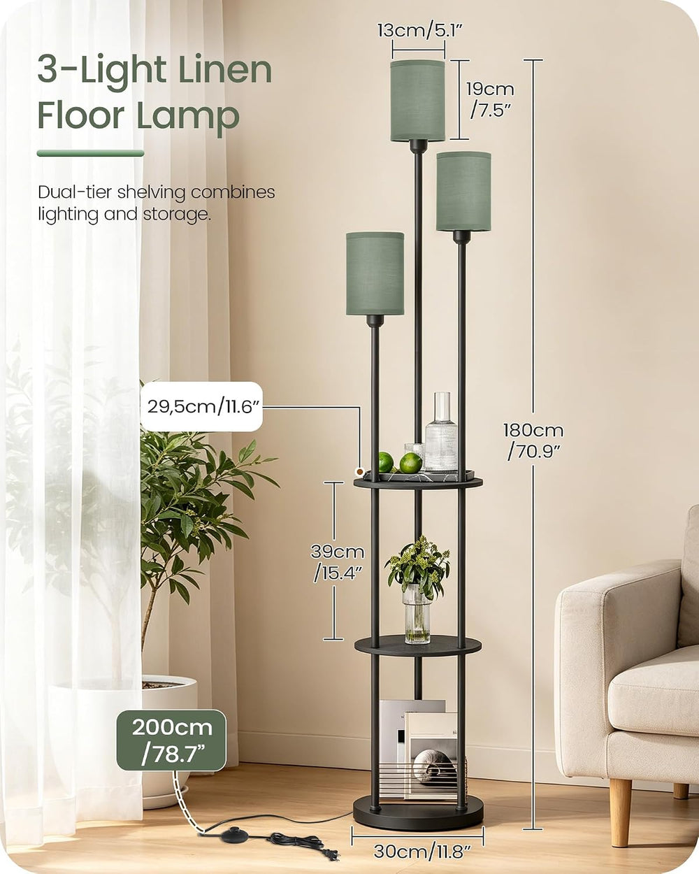 Floor Lamp with Shelves, Modern Floor Lamp with 3 Linen Shades and Foot Switc...